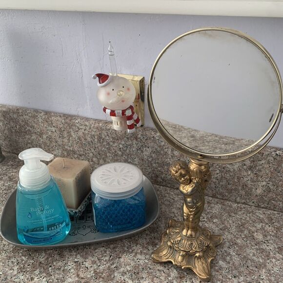 HTF VTG Rare French 14”Vanity 7”Mirror Gold Ormolu Cherub Stylebuilt Matson Type - Picture 3 of 14